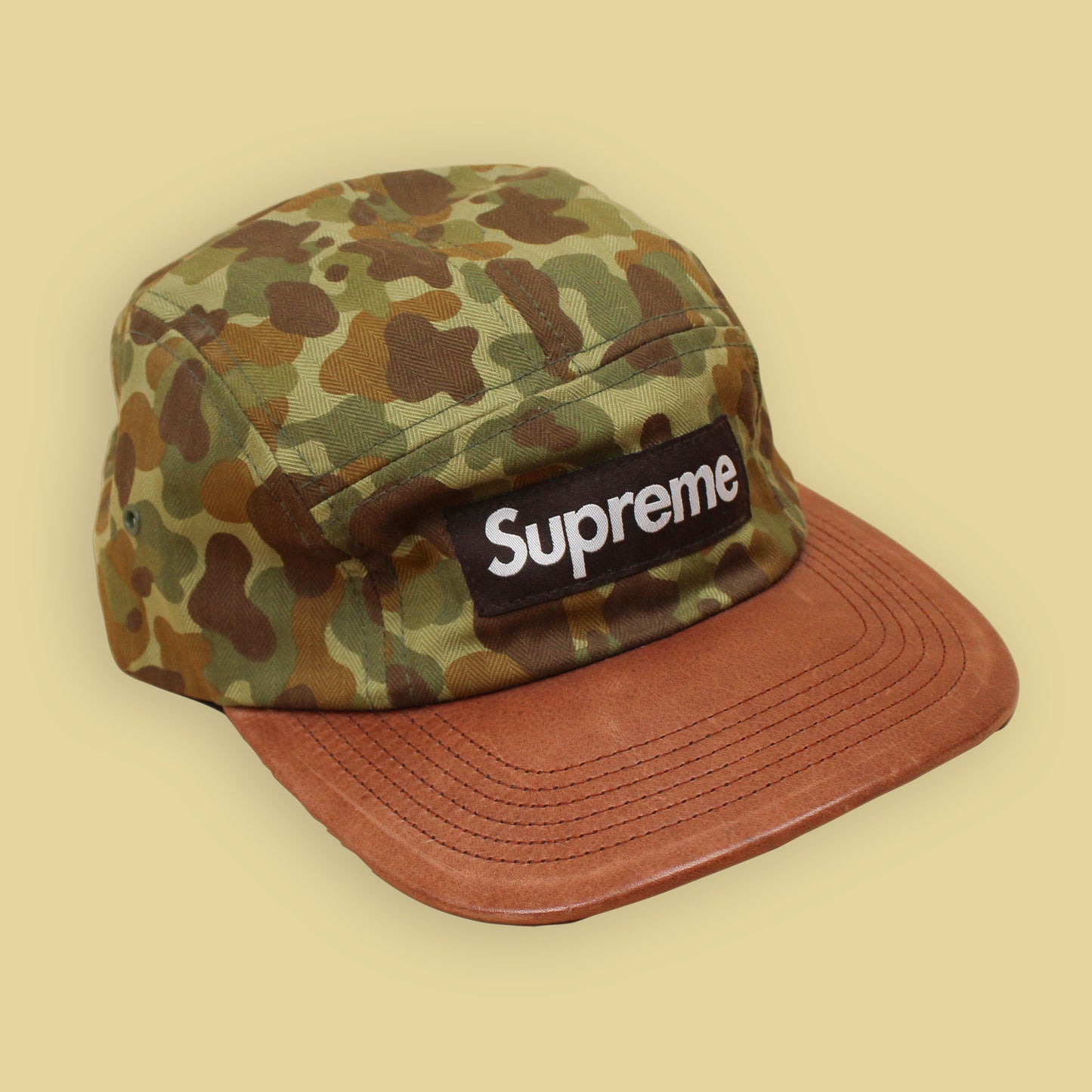 Supreme Camo Herringbone Twill Leather Brim Camp Cap