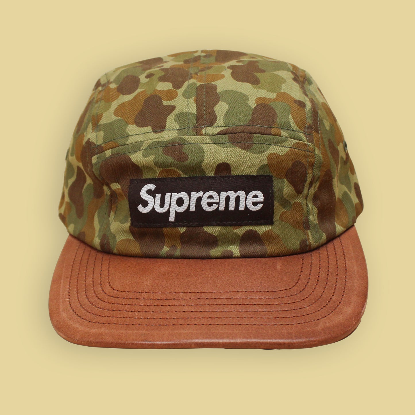 Supreme Camo Herringbone Twill Leather Brim Camp Cap