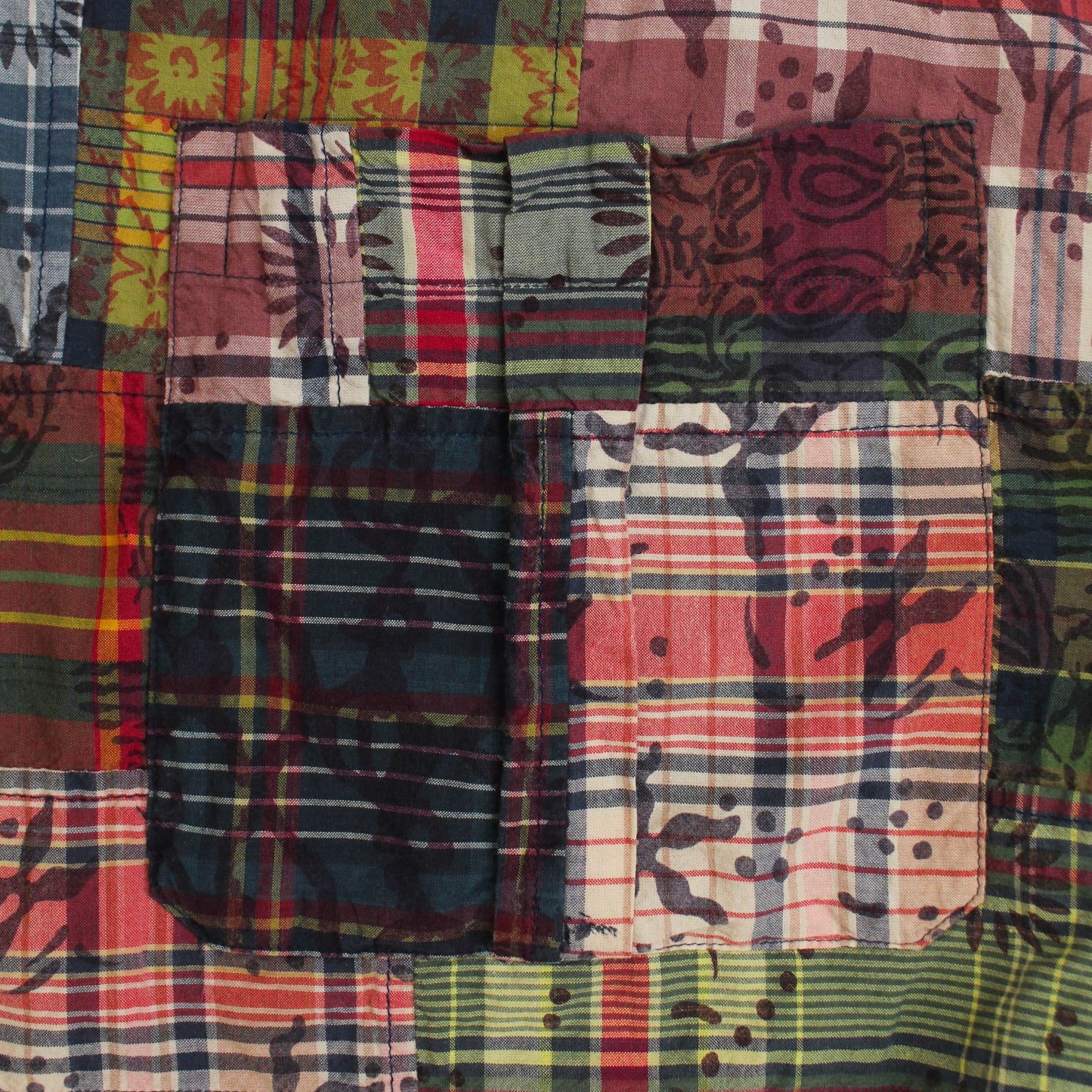 Polo Ralph Lauren Block Print Indigo Patchwork Madras Loop Collar Shirt