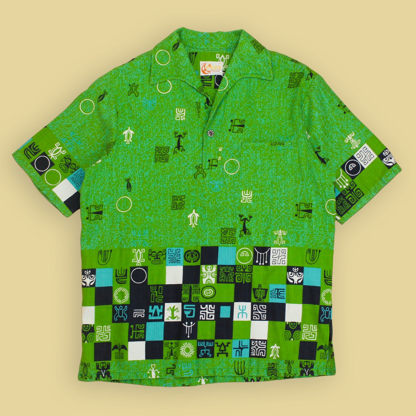 Iolani Tiki Print Bark Cloth Tunic-Style Hawaiian Shirt