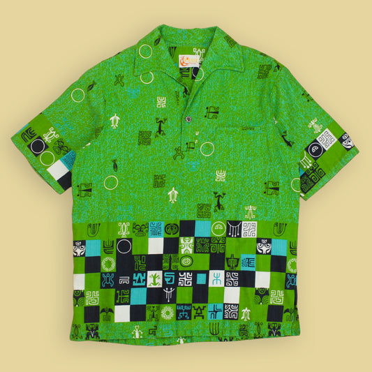 Iolani Tiki Print Bark Cloth Tunic-Style Hawaiian Shirt