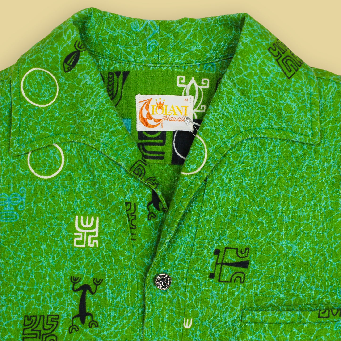 Iolani Tiki Print Bark Cloth Tunic-Style Hawaiian Shirt
