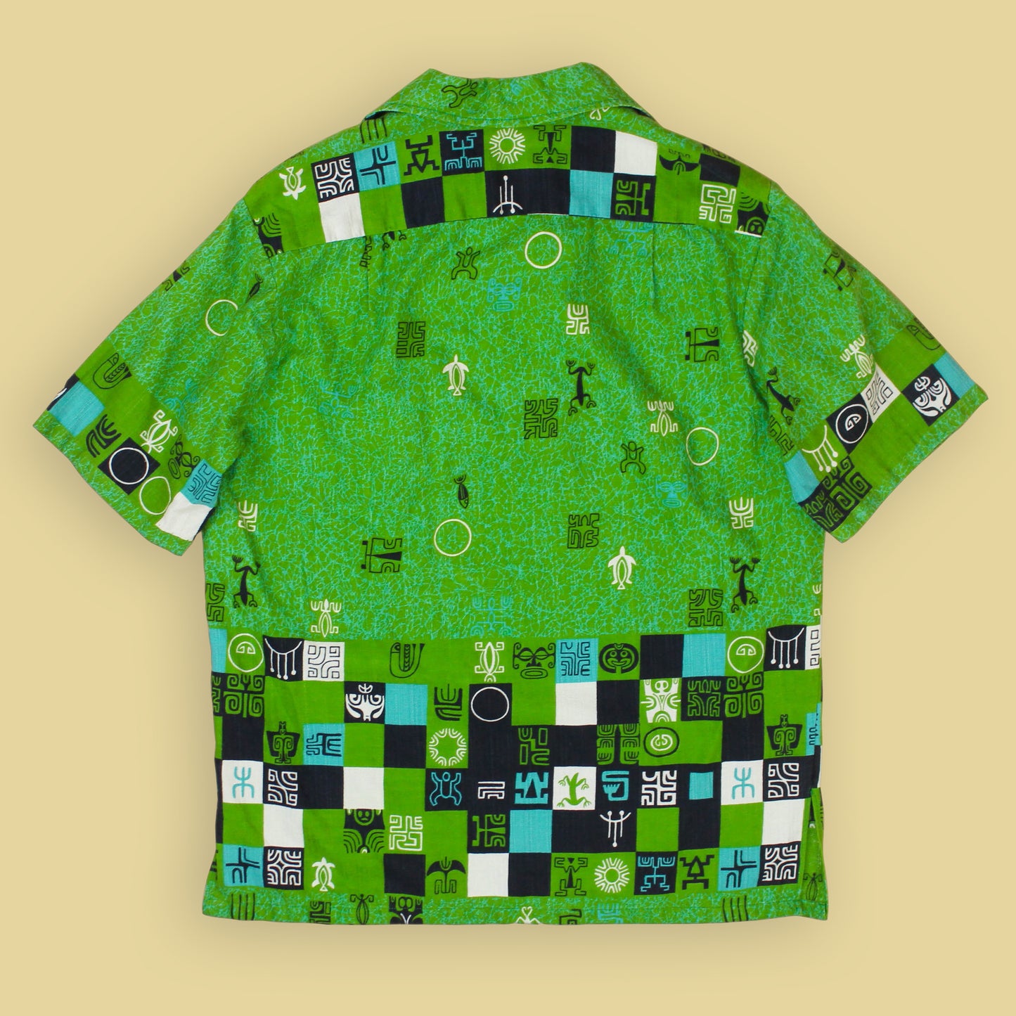 Iolani Tiki Print Bark Cloth Tunic-Style Hawaiian Shirt