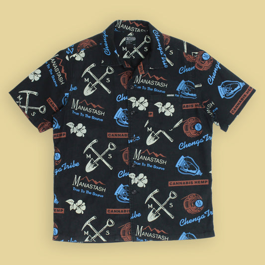 Manastash Cotton Hemp Blend Logo Print Hawaiian Shirt
