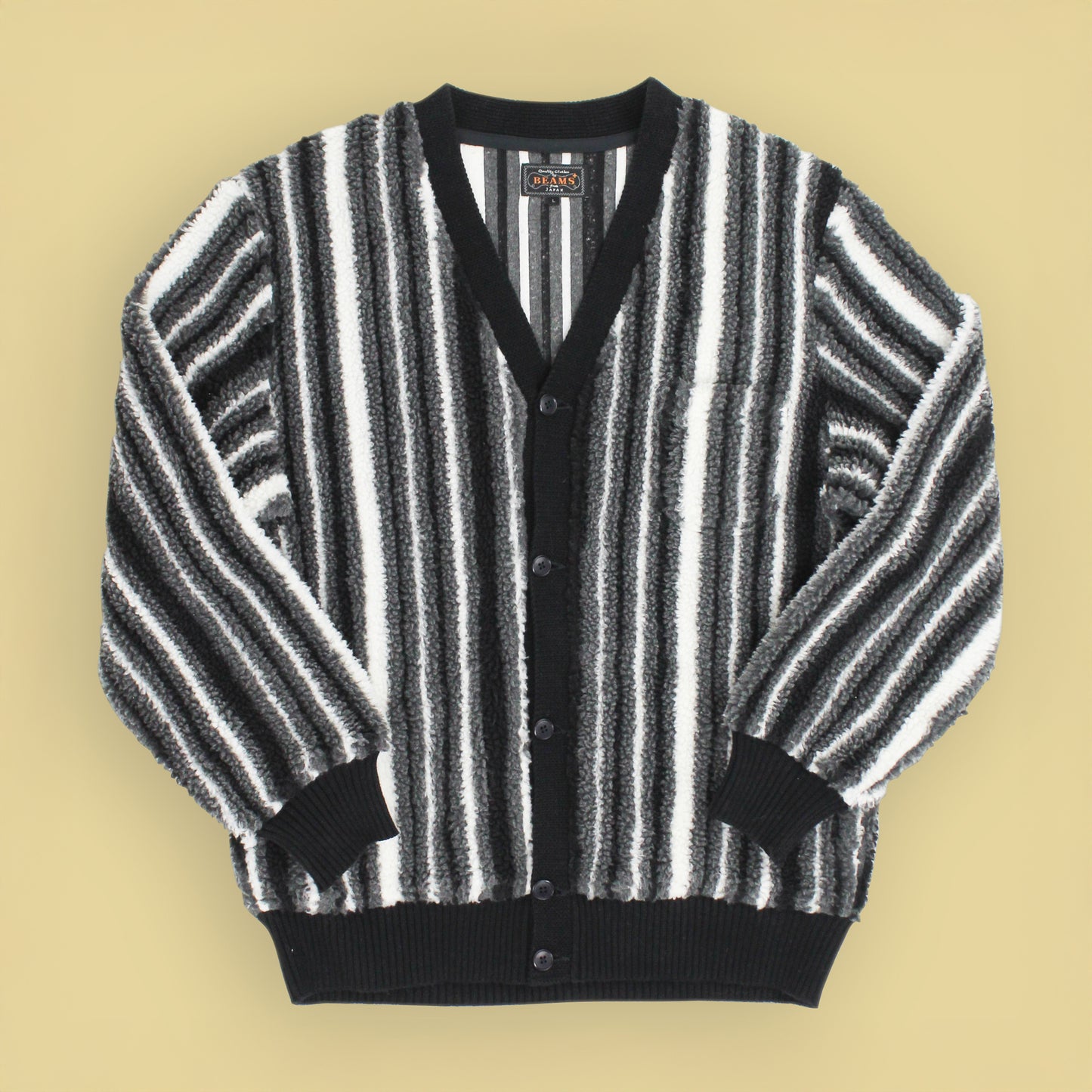 Beams Plus Striped High Pile Fleece Cardigan