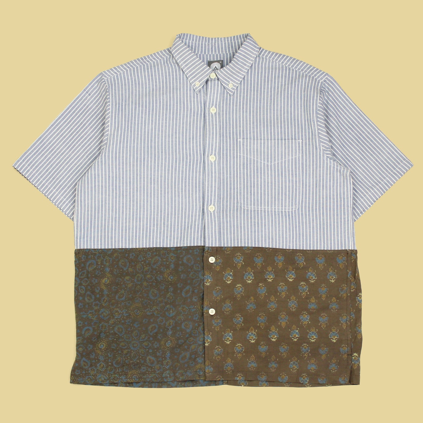 18 East Split Patchwork Cotton Short Sleeve Button-Down Shirt