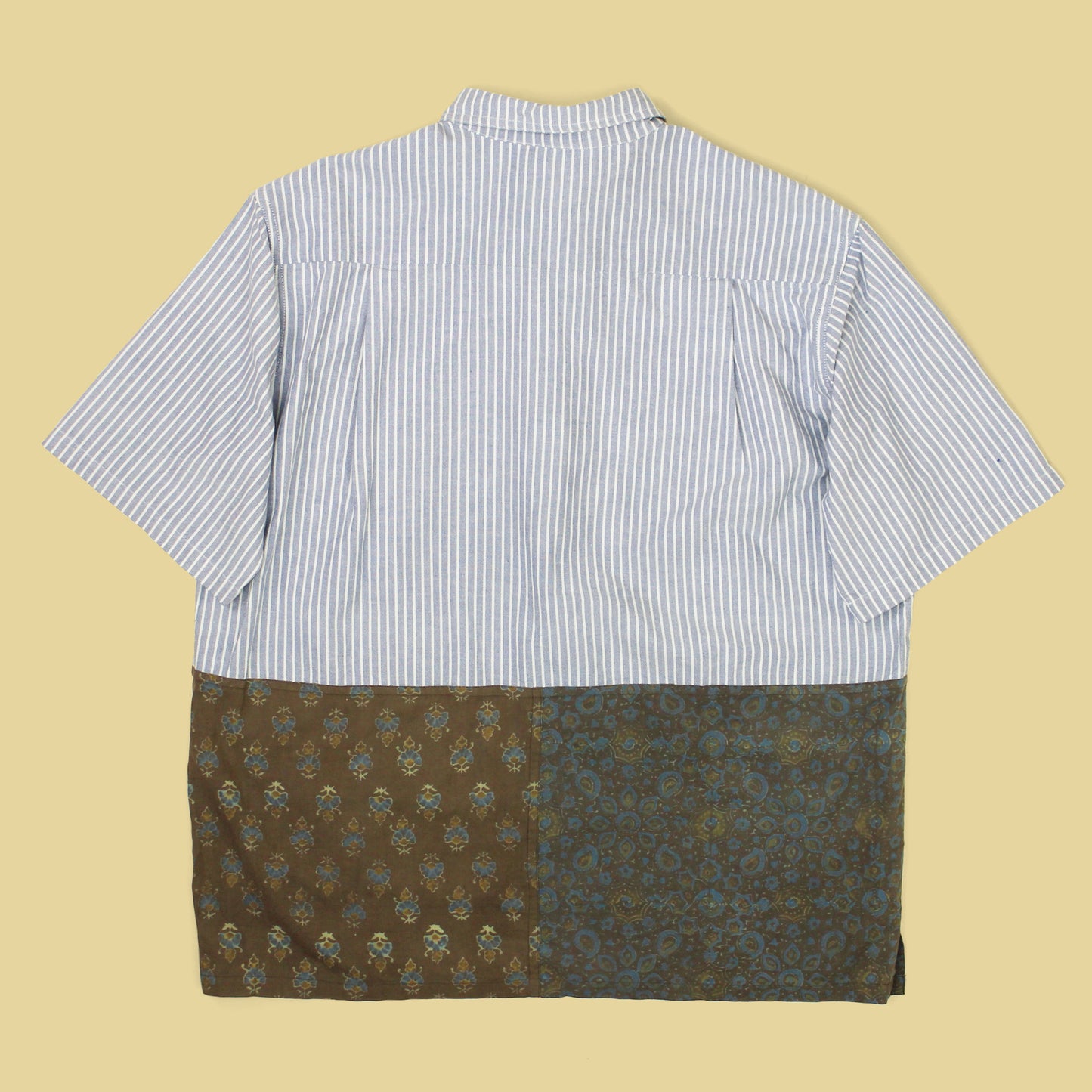 18 East Split Patchwork Cotton Short Sleeve Button-Down Shirt