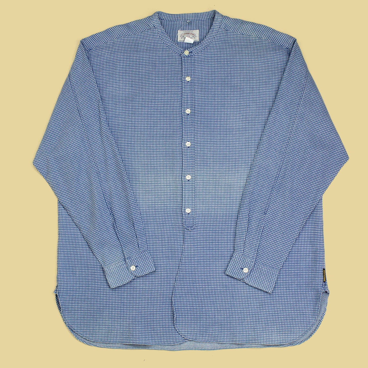 Vintage Armani Jeans Indigo Dobby Check Cotton Band Collar Shirt