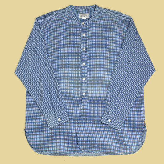 Vintage Armani Jeans Indigo Dobby Check Cotton Band Collar Shirt