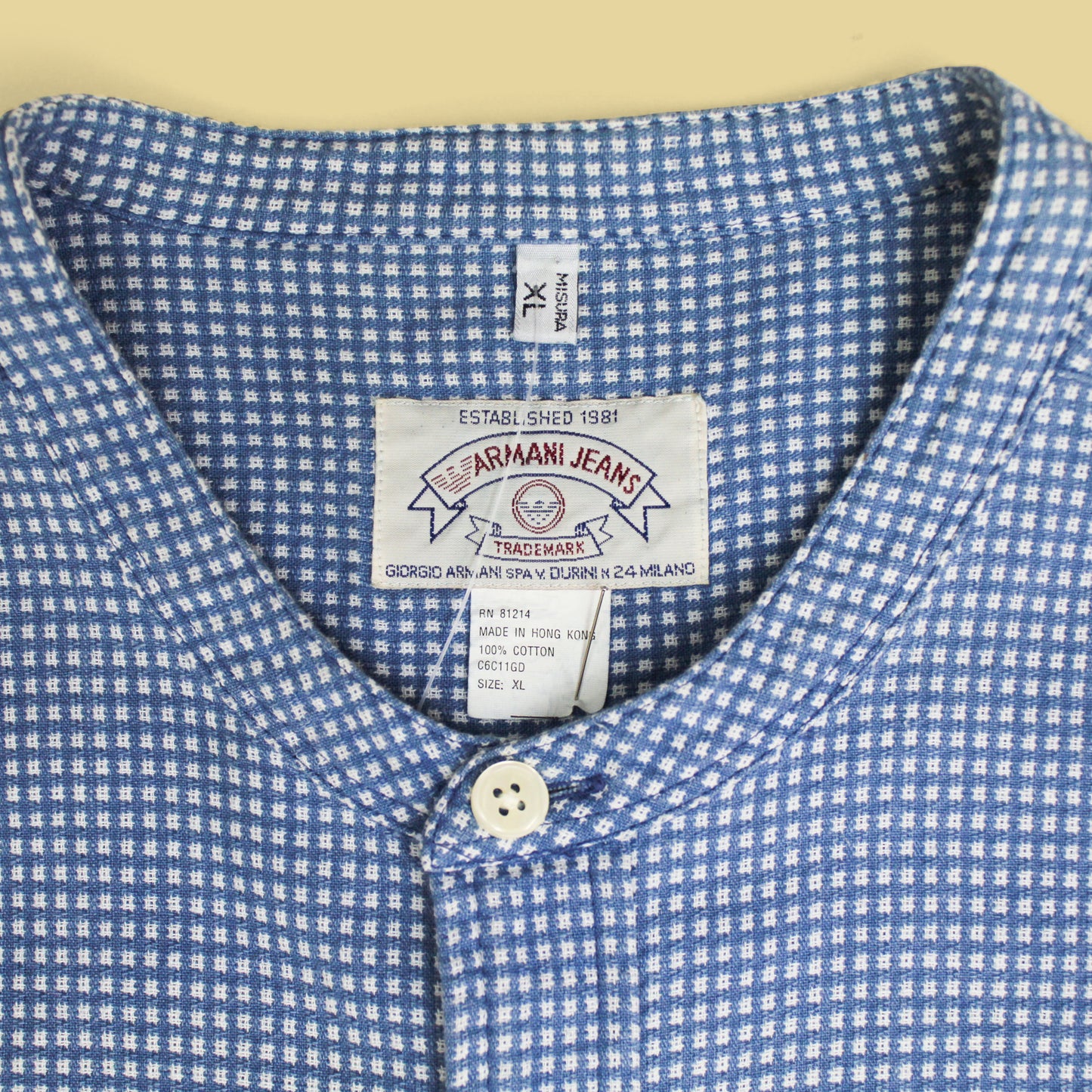 Vintage Armani Jeans Indigo Dobby Check Cotton Band Collar Shirt