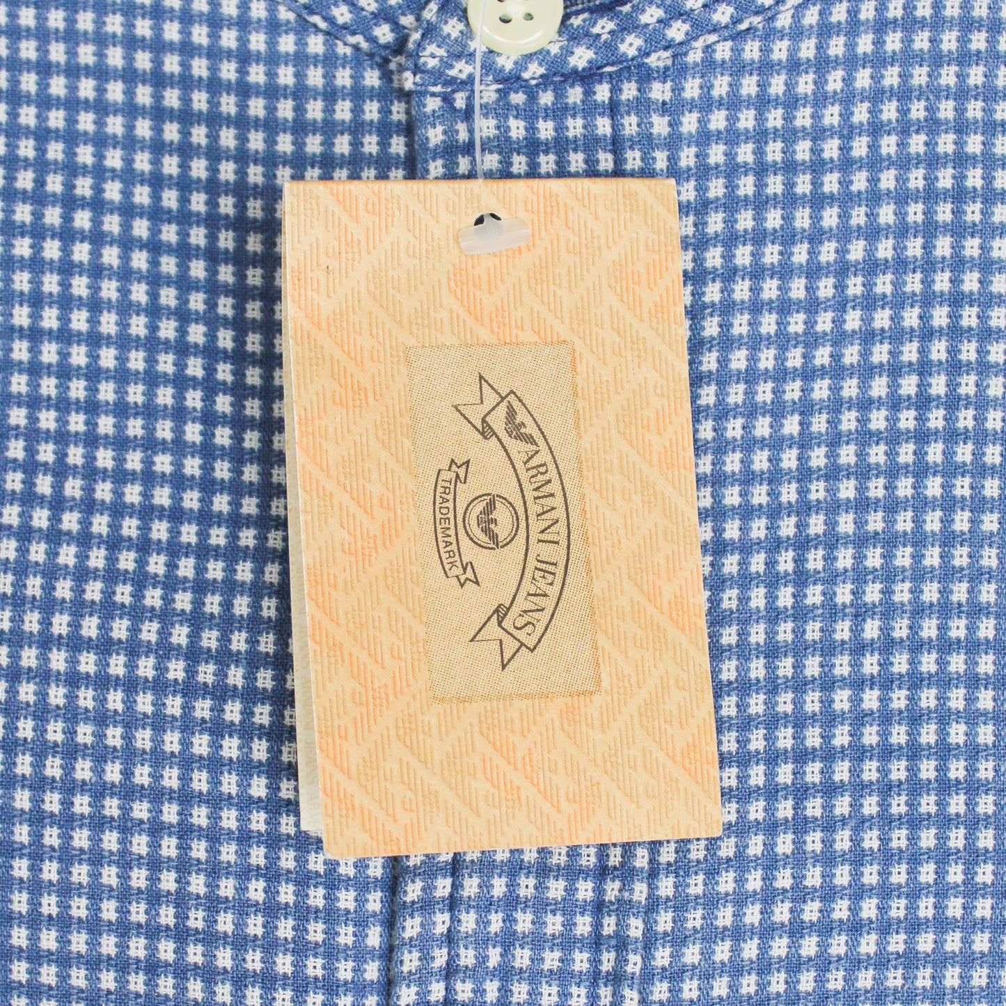 Vintage Armani Jeans Indigo Dobby Check Cotton Band Collar Shirt
