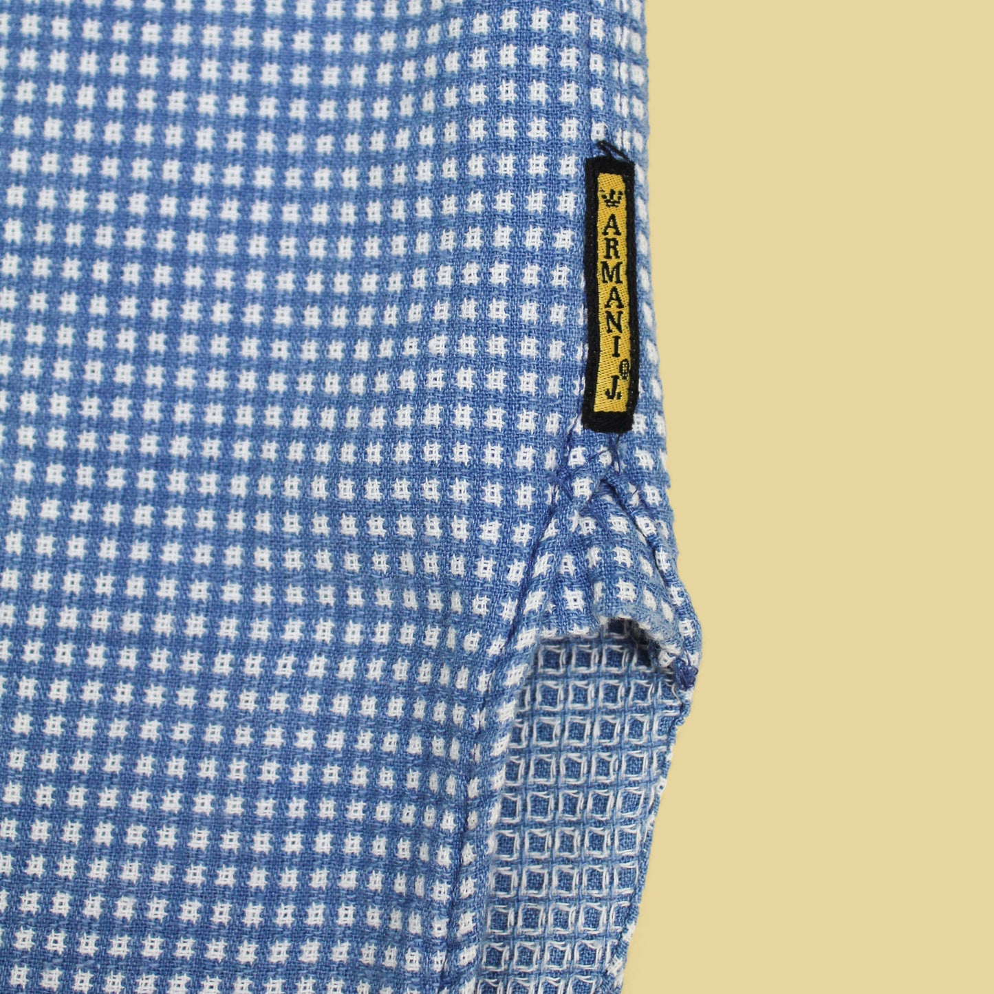 Vintage Armani Jeans Indigo Dobby Check Cotton Band Collar Shirt