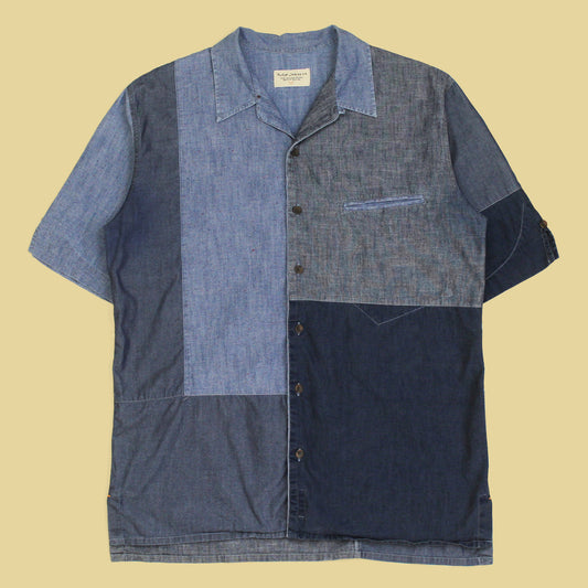 Nudie Jeans Patchwork Cotton Chambray Camp Collar Shirt