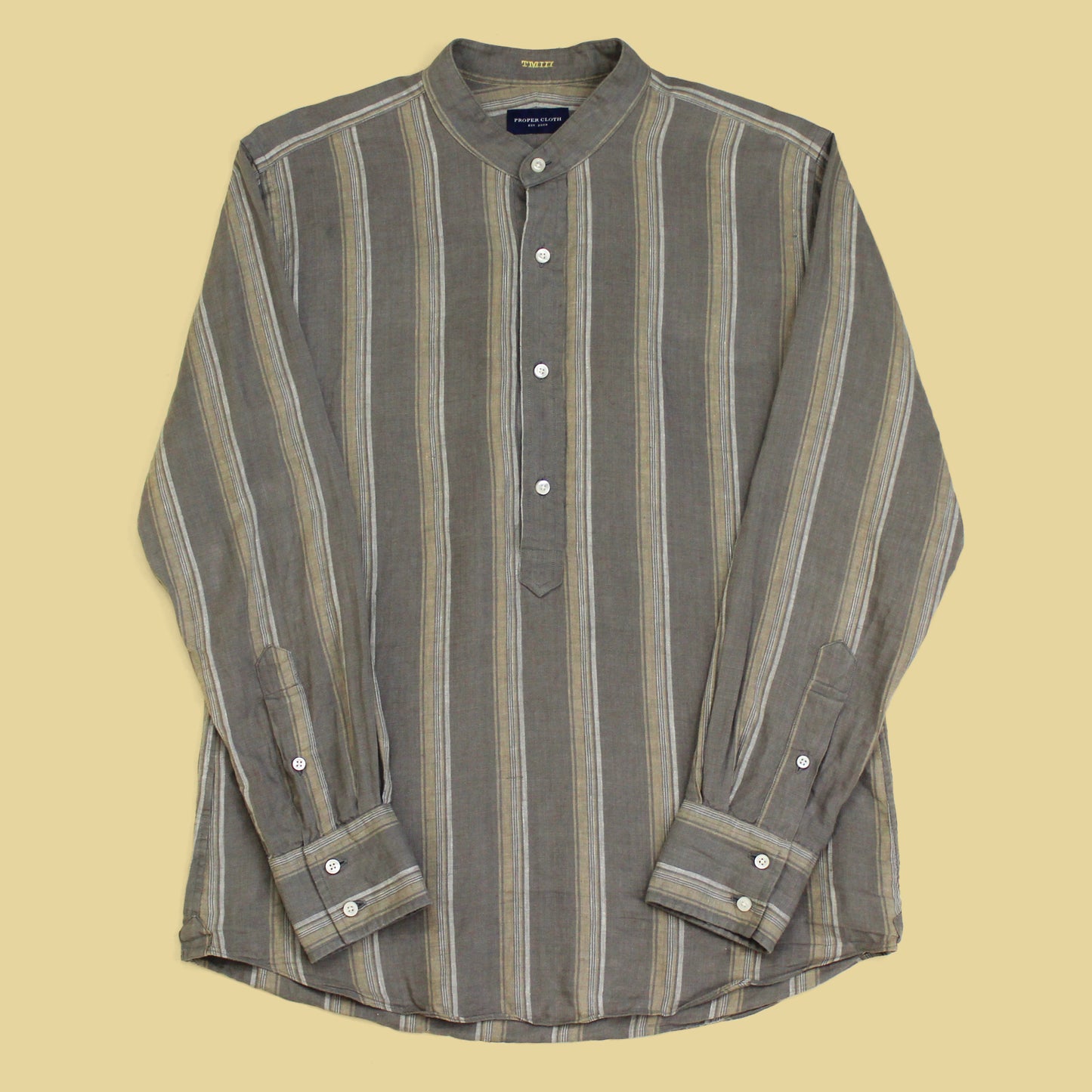 Proper Cloth Striped Linen Band Collar Popover Shirt