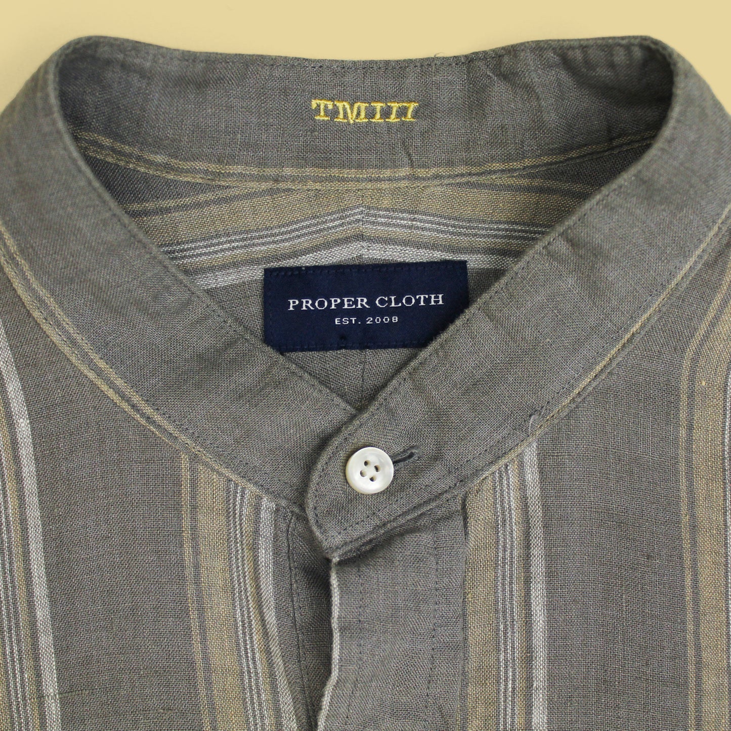 Proper Cloth Striped Linen Band Collar Popover Shirt