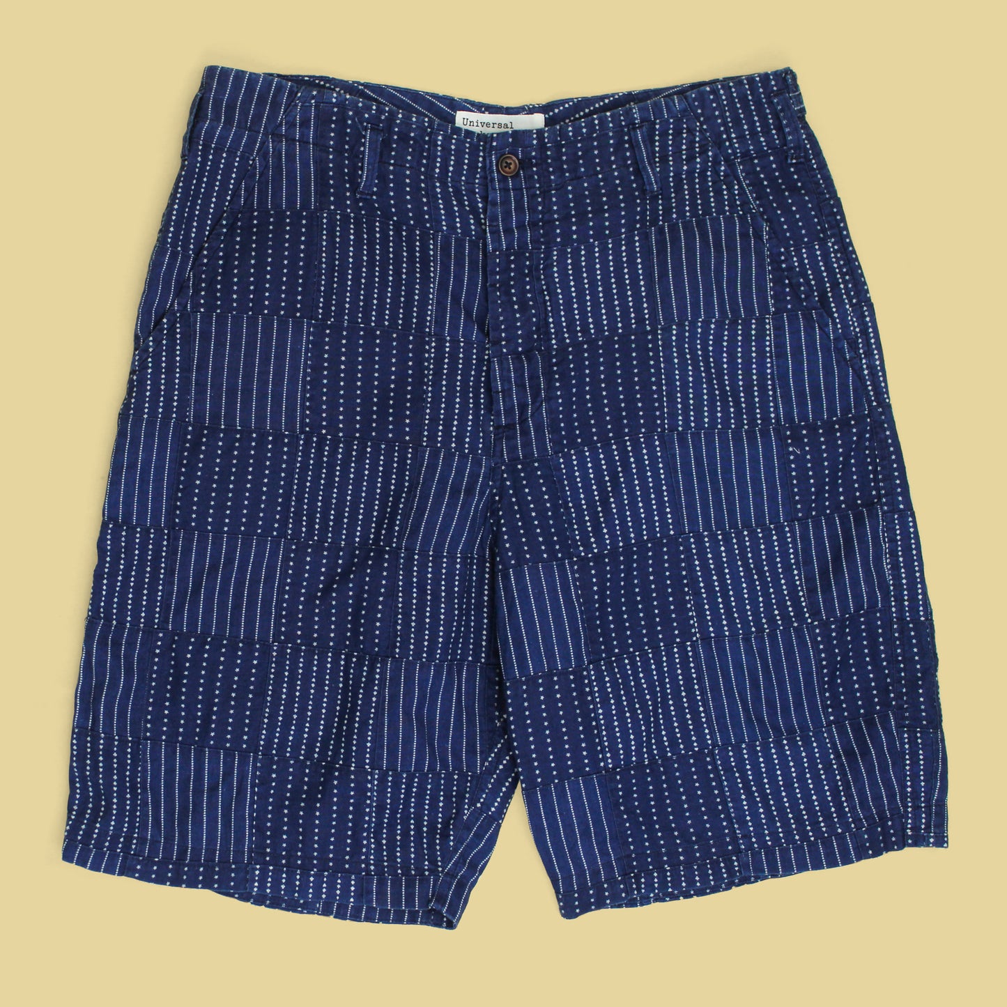 Universal Works Indigo Stripe Patchwork Cotton Shorts
