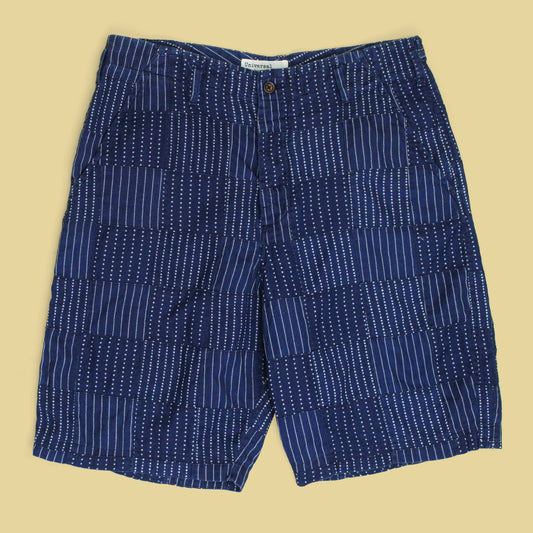 Universal Works Indigo Stripe Patchwork Cotton Shorts