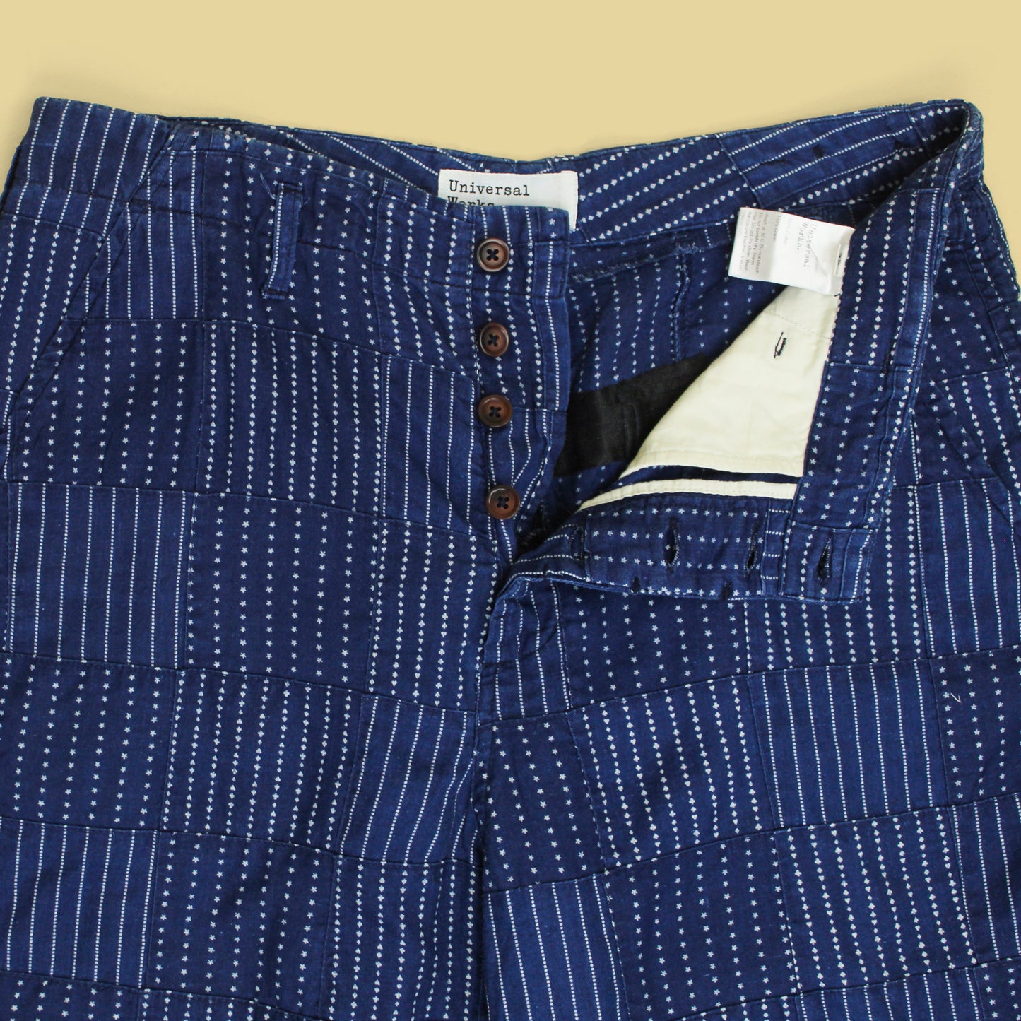 Universal Works Indigo Stripe Patchwork Cotton Shorts