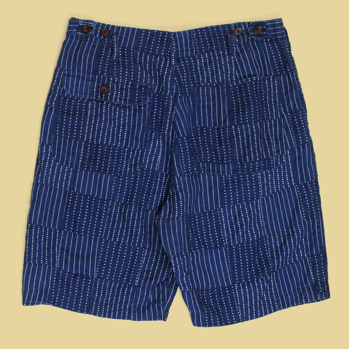 Universal Works Indigo Stripe Patchwork Cotton Shorts