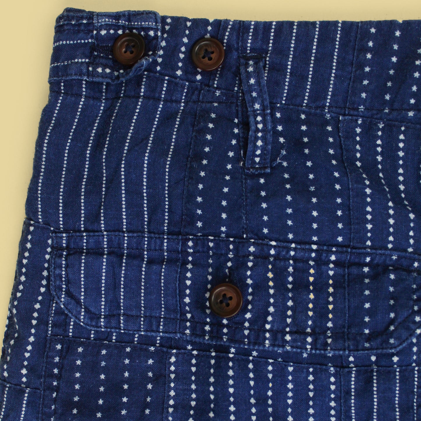 Universal Works Indigo Stripe Patchwork Cotton Shorts