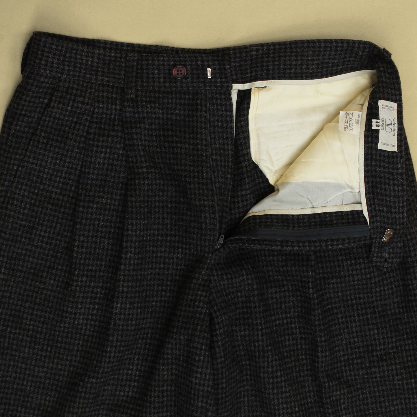 Valentino Houndstooth Check Wool Tweed Pleated Trousers