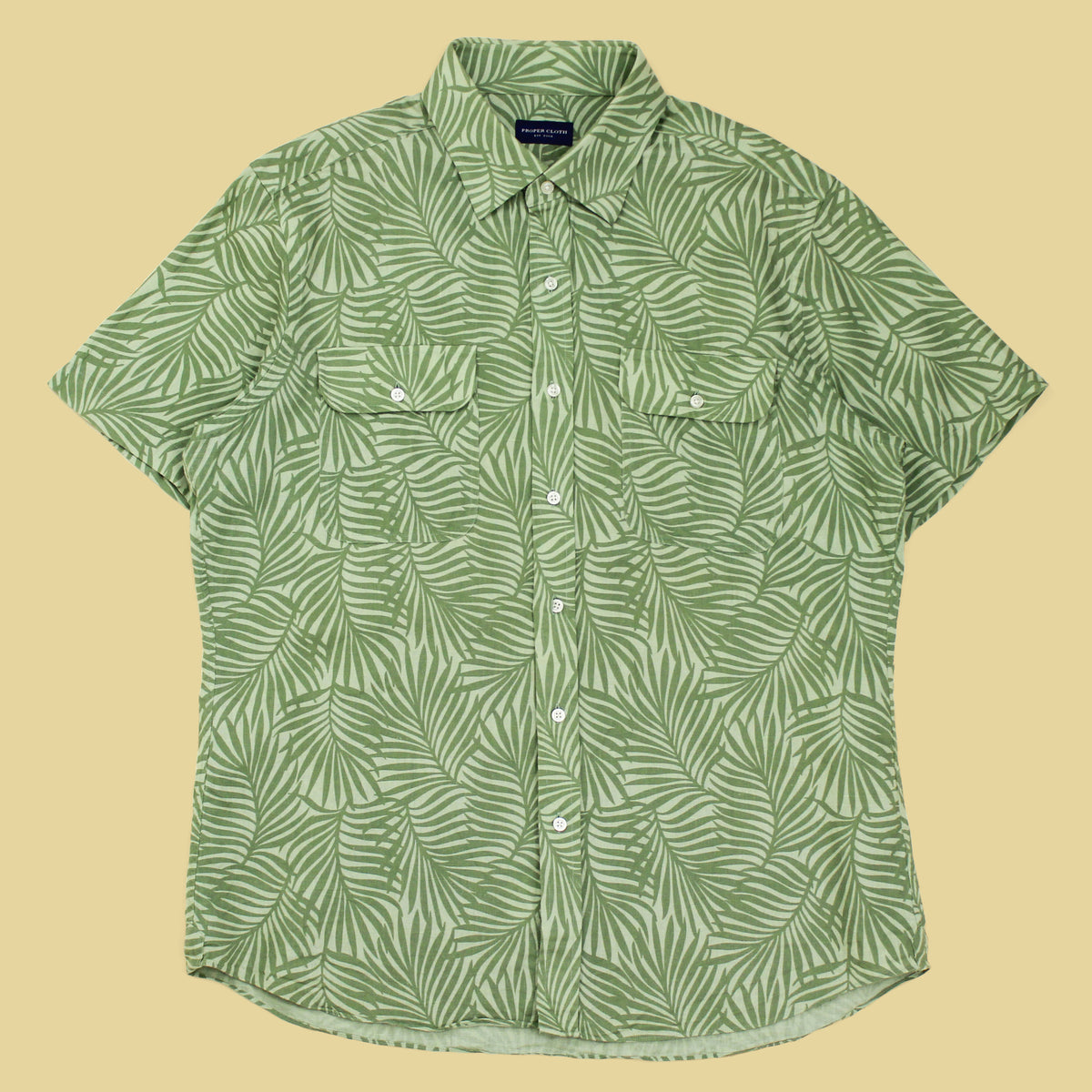 Proper Cloth Palm Print Cotton Linen Short Sleeve Button-Up Shirt
