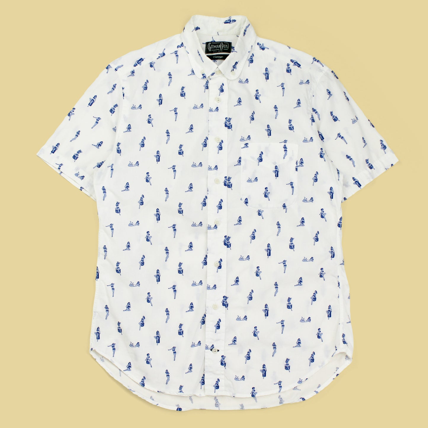 Gitman Vintage Pinup Girl Print Cotton Short Sleeve Button-Down Club Collar Shirt