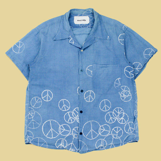 Story mfg. Peace Sign Indigo-Resist Dye Cotton Voile Short Sleeve Shore Shirt