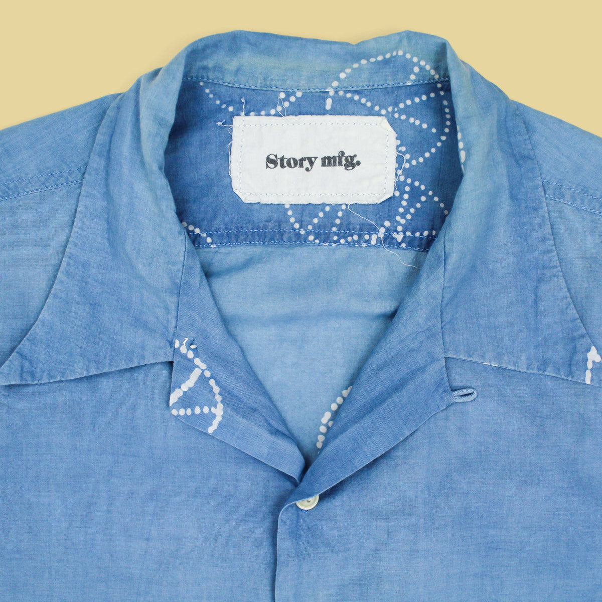 Story mfg. Peace Sign Indigo-Resist Dye Cotton Voile Short Sleeve Shore Shirt