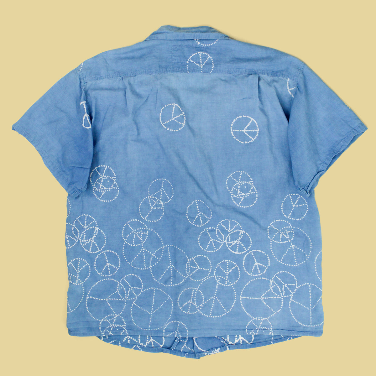 Story mfg. Peace Sign Indigo-Resist Dye Cotton Voile Short Sleeve Shore Shirt