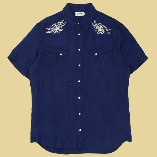 Taylor Stitch Embroidered Indigo Linen Short Sleeve Pearl Snap Western Shirt