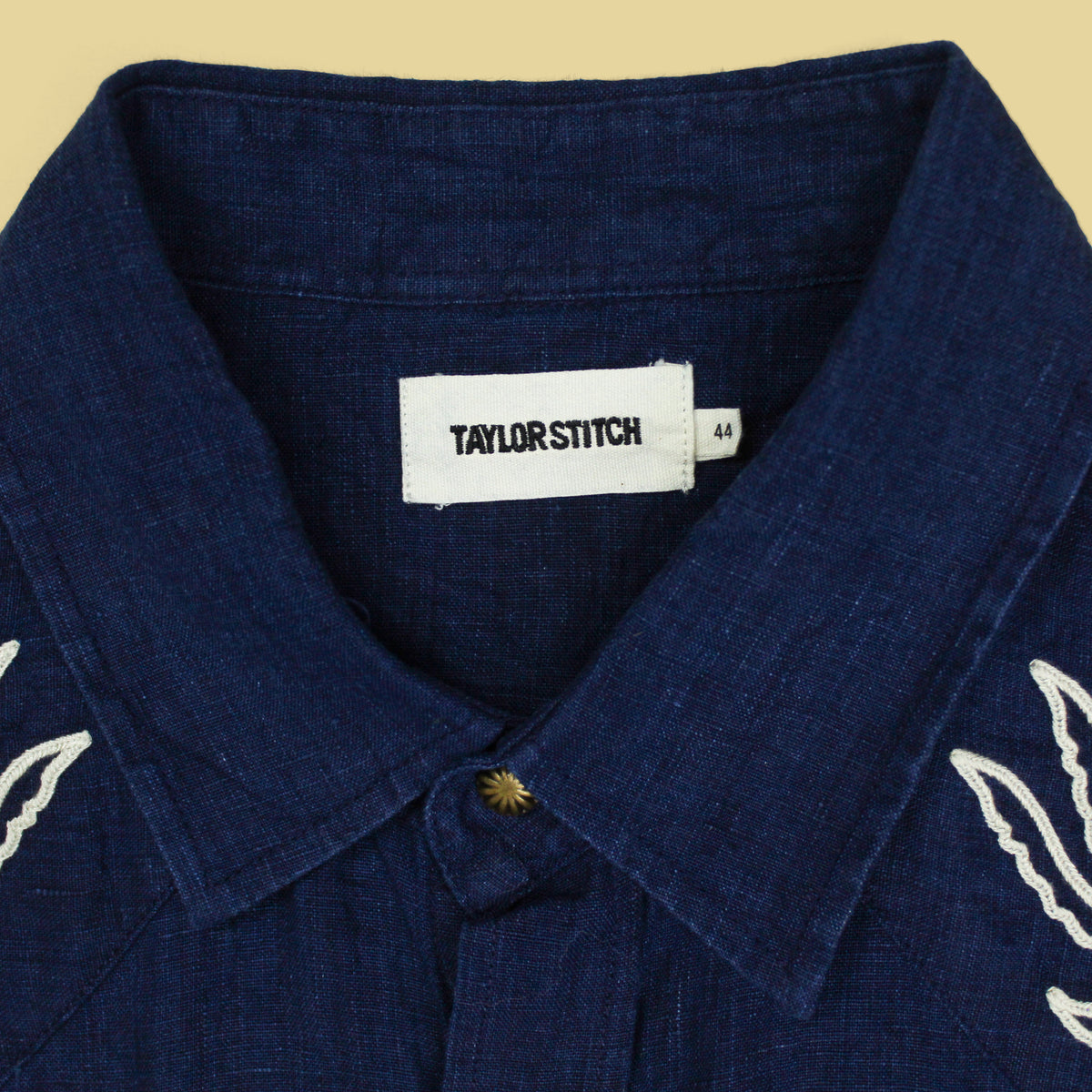 Taylor Stitch Embroidered Indigo Linen Short Sleeve Pearl Snap Western Shirt