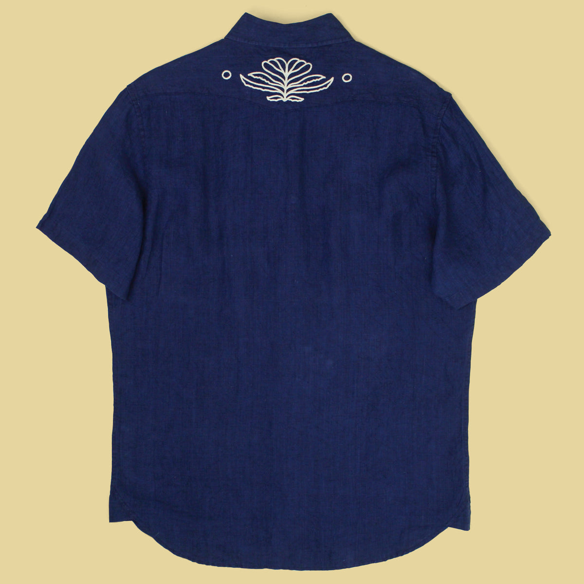 Taylor Stitch Embroidered Indigo Linen Short Sleeve Pearl Snap Western Shirt