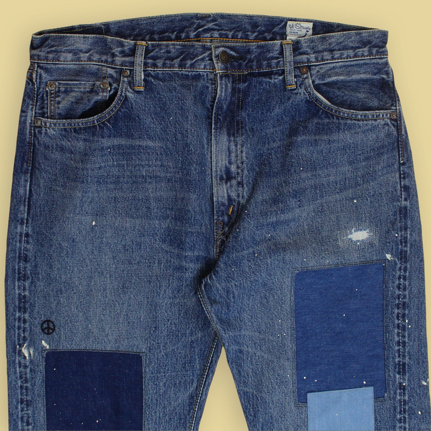 OrSlow x Canoe Club Damaged/Repaired Wash Selvedge Denim 107 Ivy Fit Jeans