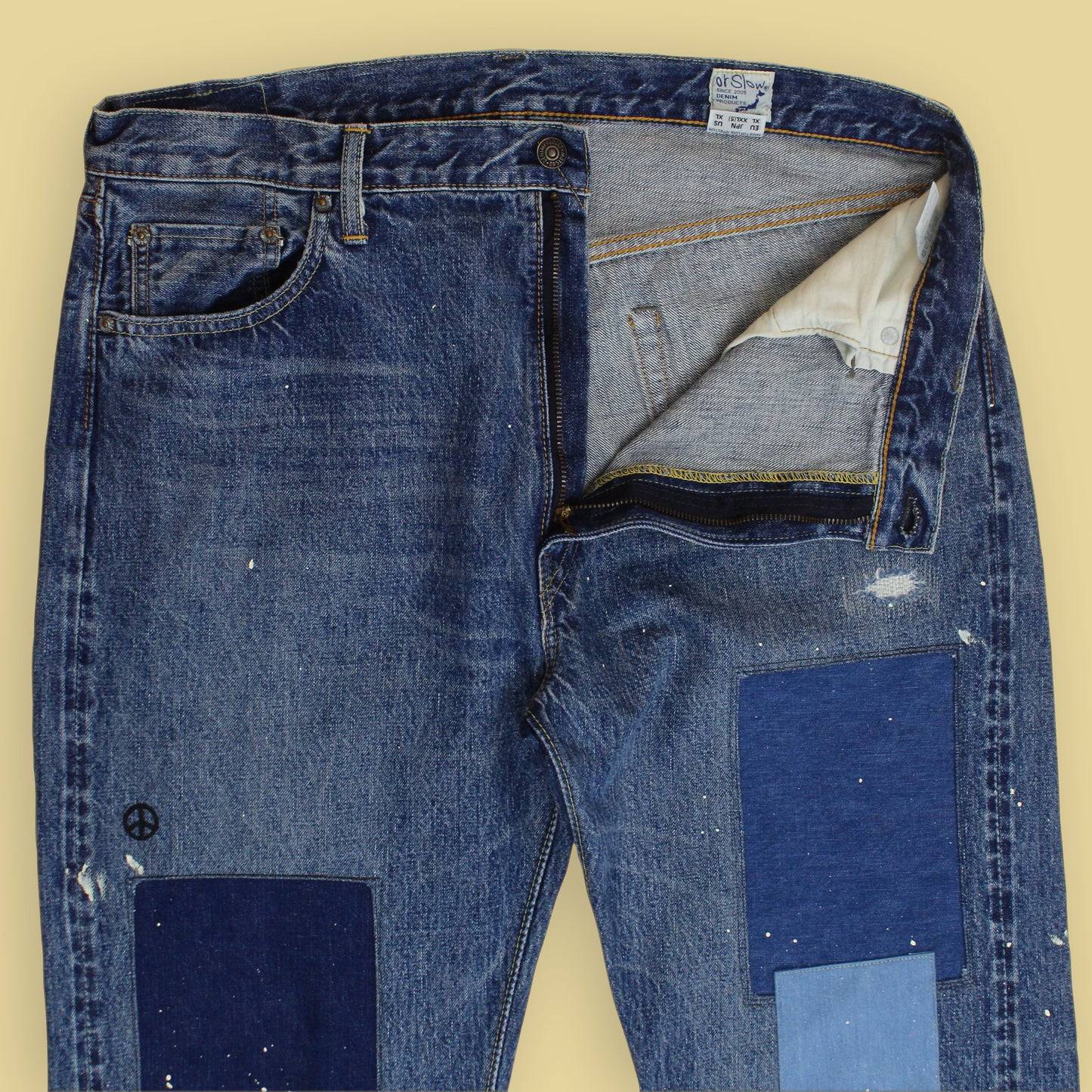 OrSlow x Canoe Club Damaged/Repaired Wash Selvedge Denim 107 Ivy Fit Jeans