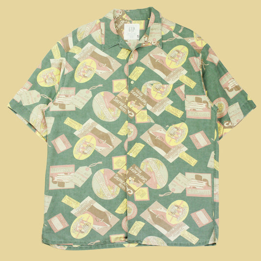 Vintage Gap Travel Print Linen Rayon Short Sleeve Camp Shirt