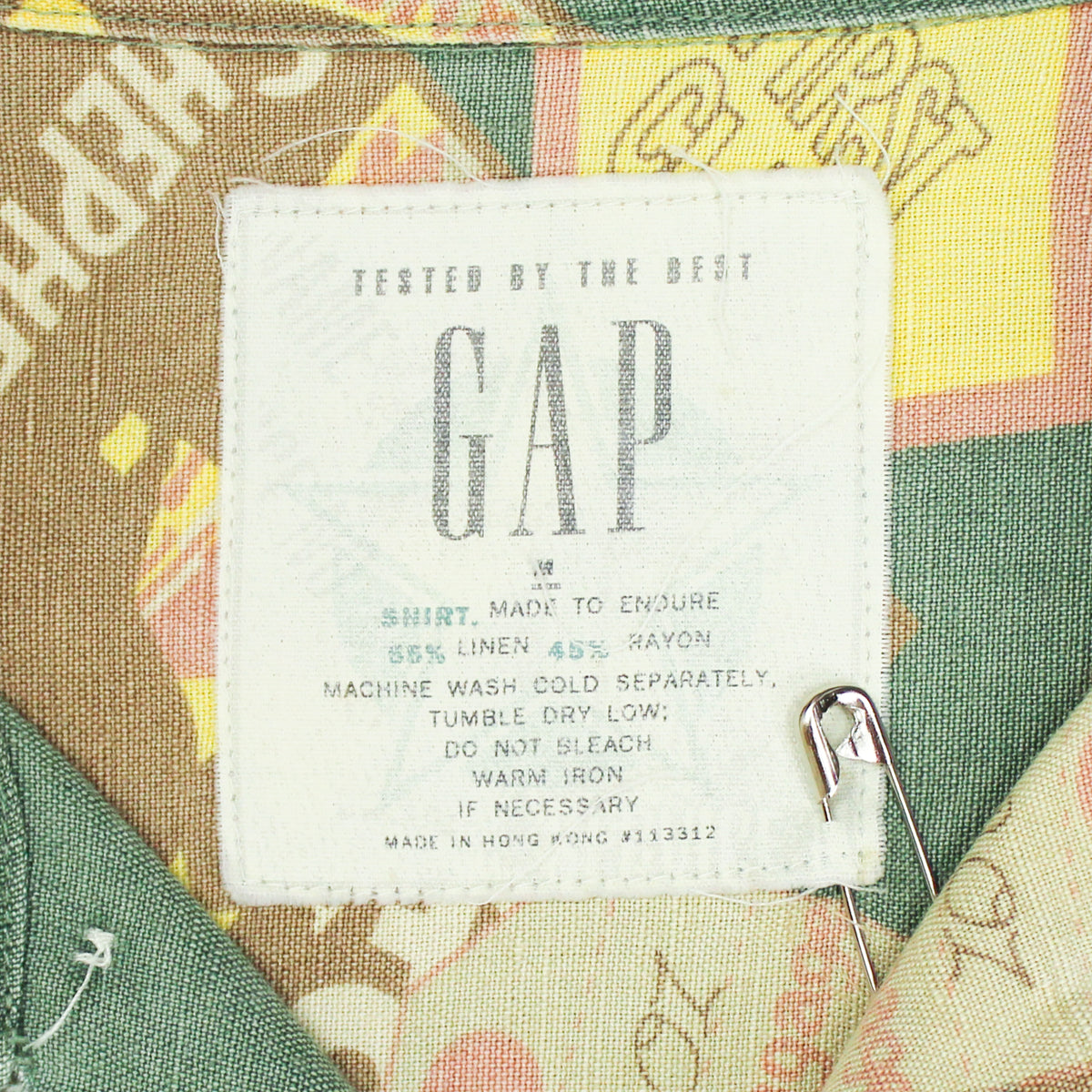 Vintage Gap Travel Print Linen Rayon Short Sleeve Camp Shirt