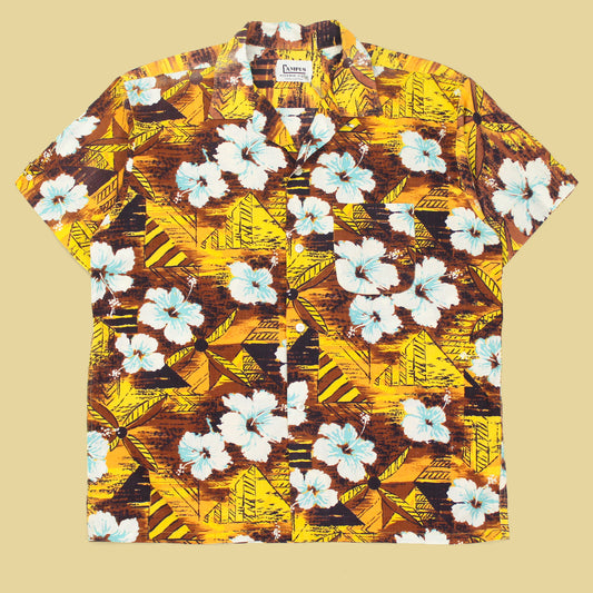 Vintage Campus Hawaiian Print Cotton Short Sleeve Camp Collar Shirt