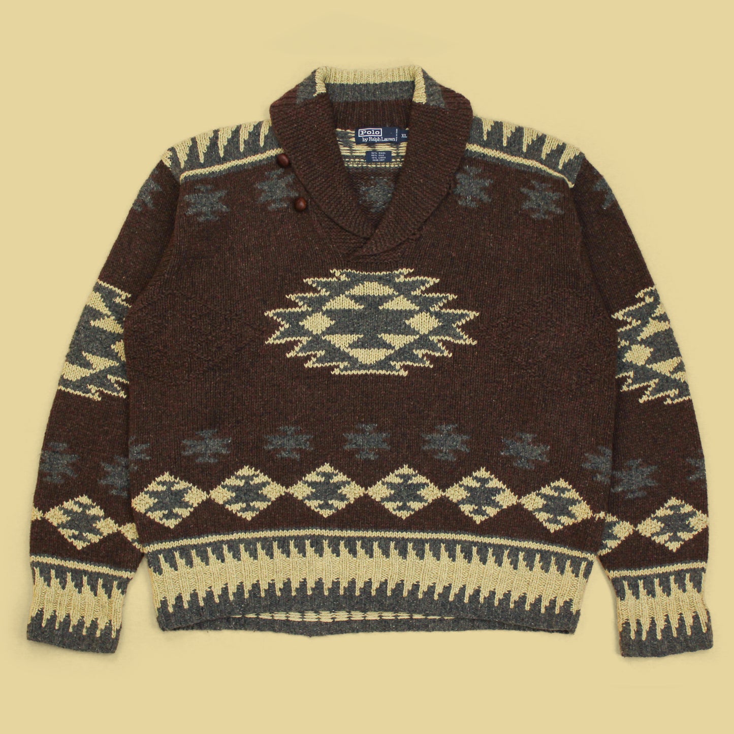 Polo Ralph Lauren Southwestern Intarsia Hand Knit Wool Silk Linen Shawl Collar Sweater