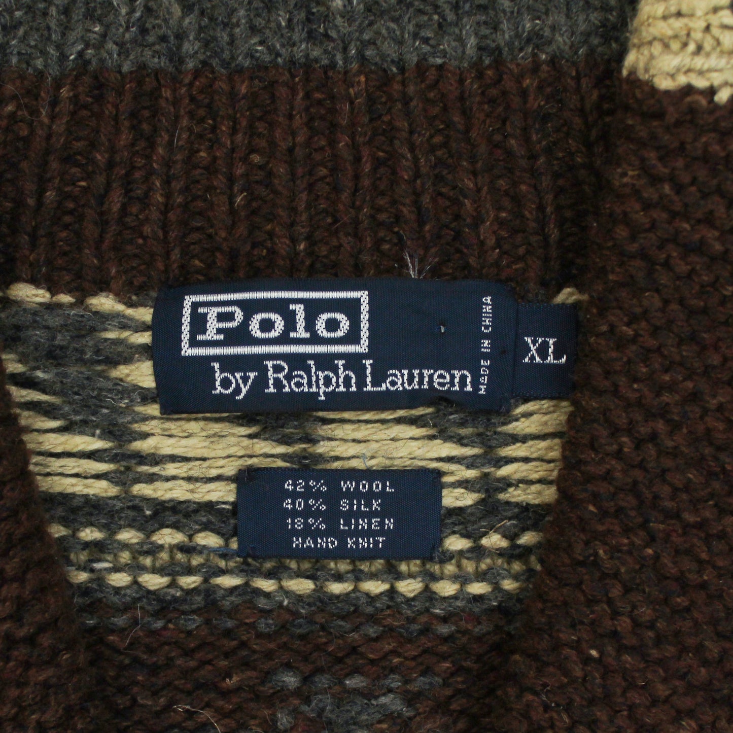 Polo Ralph Lauren Southwestern Intarsia Hand Knit Wool Silk Linen Shawl Collar Sweater