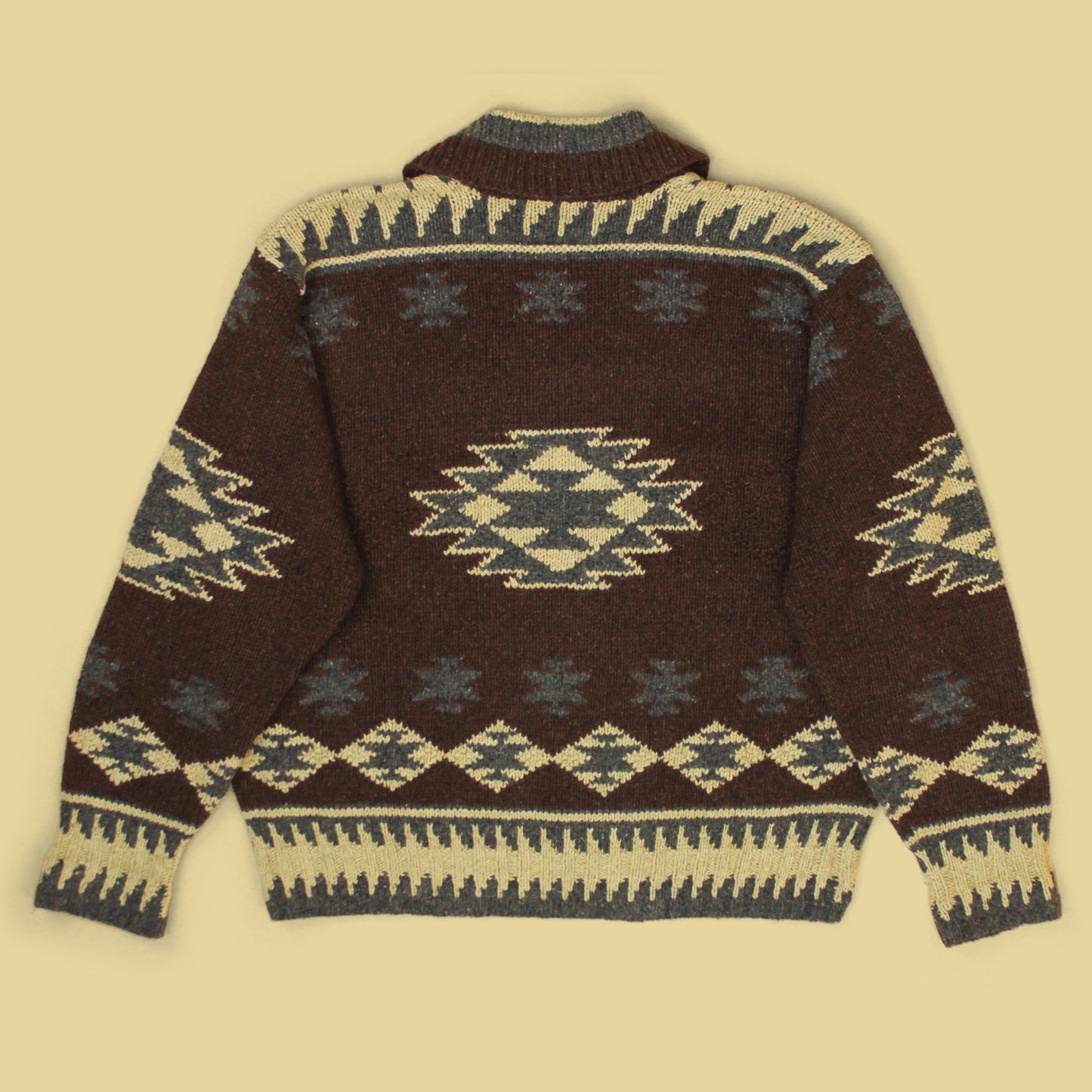 Polo Ralph Lauren Southwestern Intarsia Hand Knit Wool Silk Linen Shawl Collar Sweater