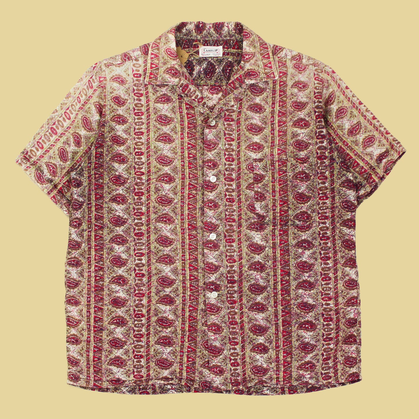 Vintage Campus Paisley Batik Cotton Short Sleeve Camp Collar Shirt