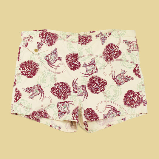 Vintage Fish & Coral Print Cotton Swim Trunks