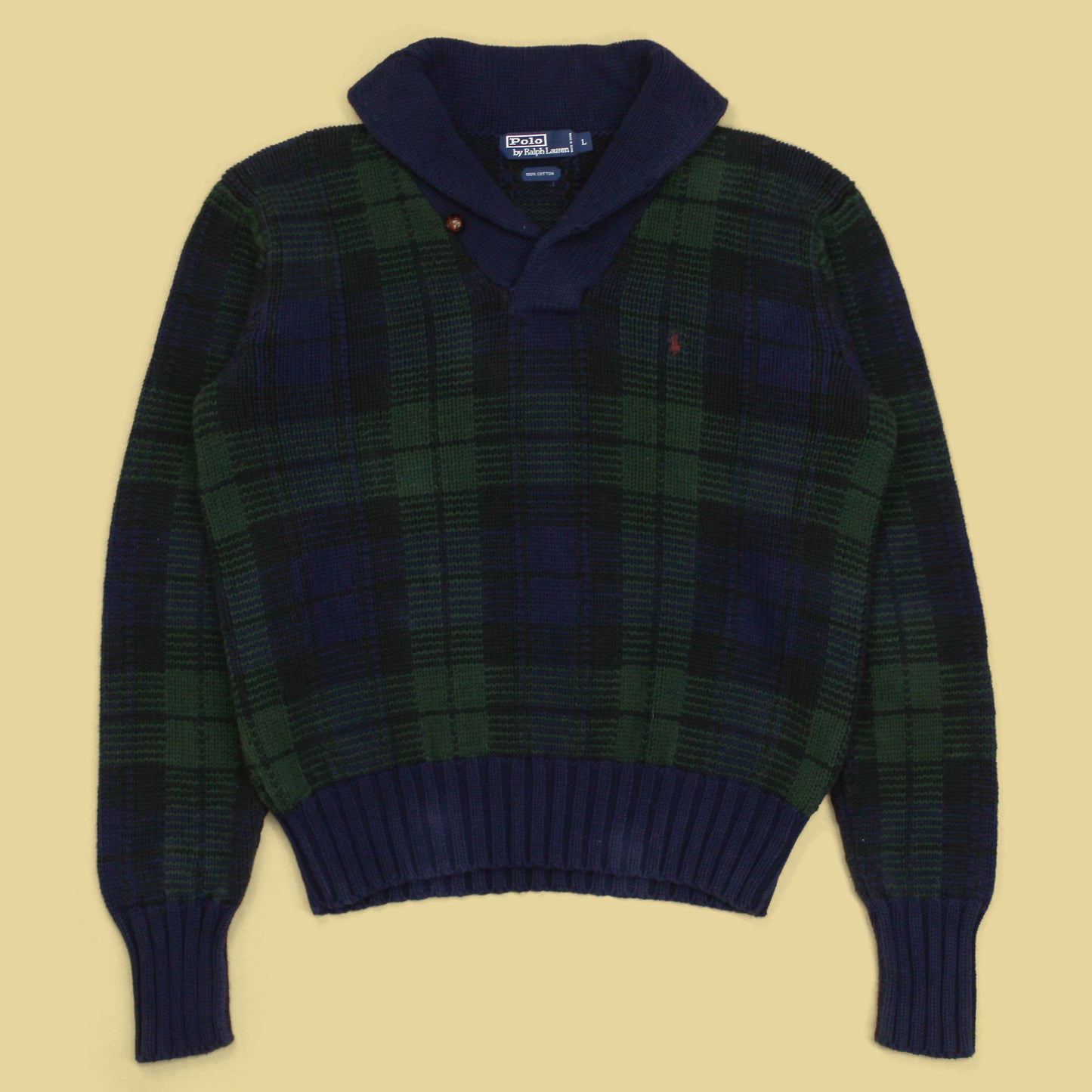 Polo Ralph Lauren Black Watch Intarsia Knit Cotton Shawl Collar Sweater