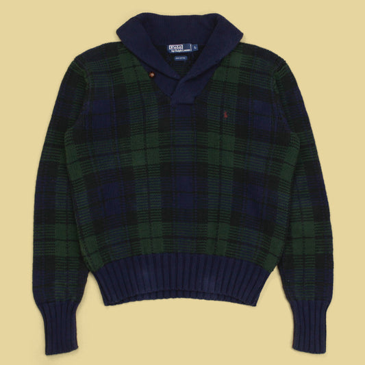 Polo Ralph Lauren Black Watch Intarsia Knit Cotton Shawl Collar Sweater