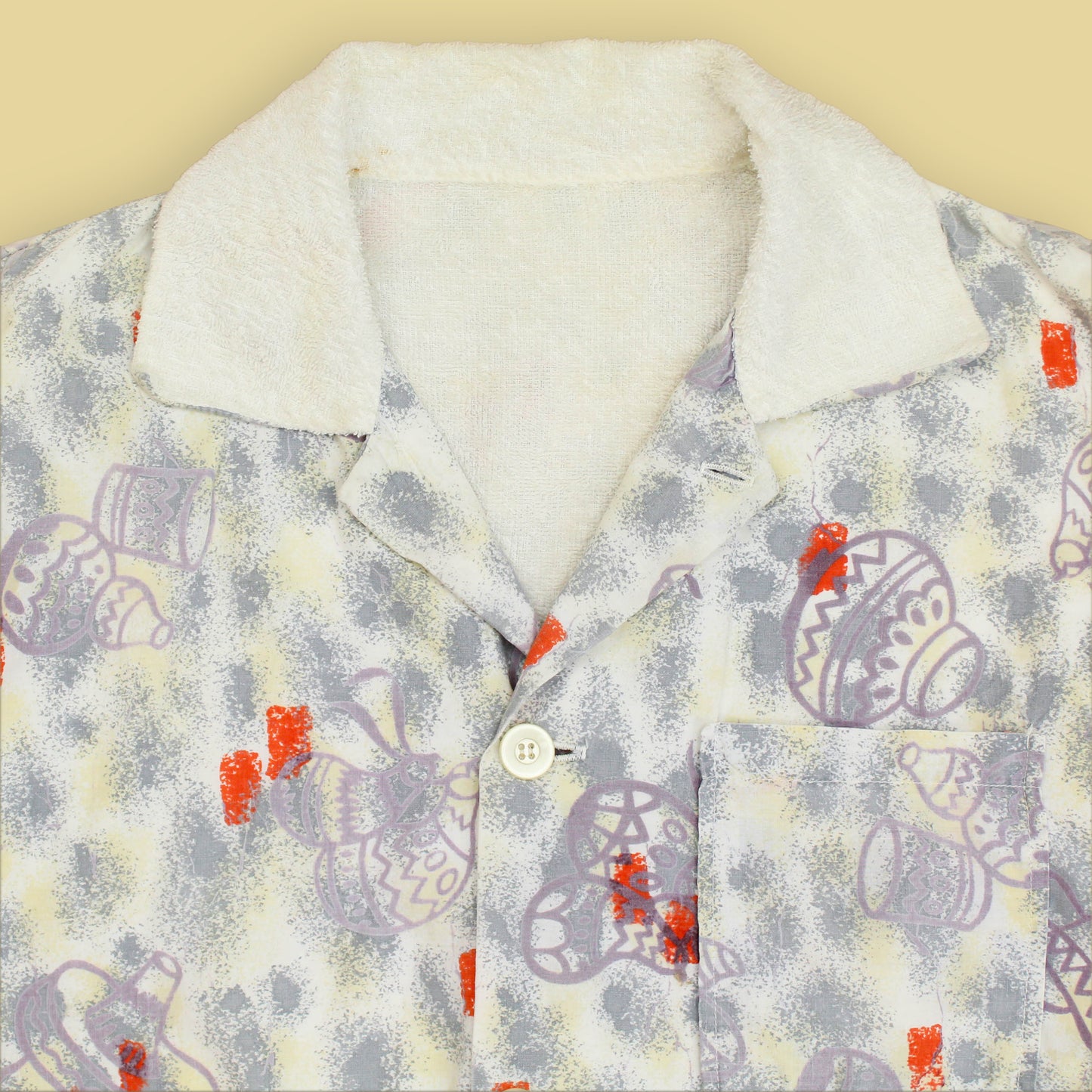 Vintage Sombrero & Pottery Mod Print Terry Cloth Lined Cabana Shirt