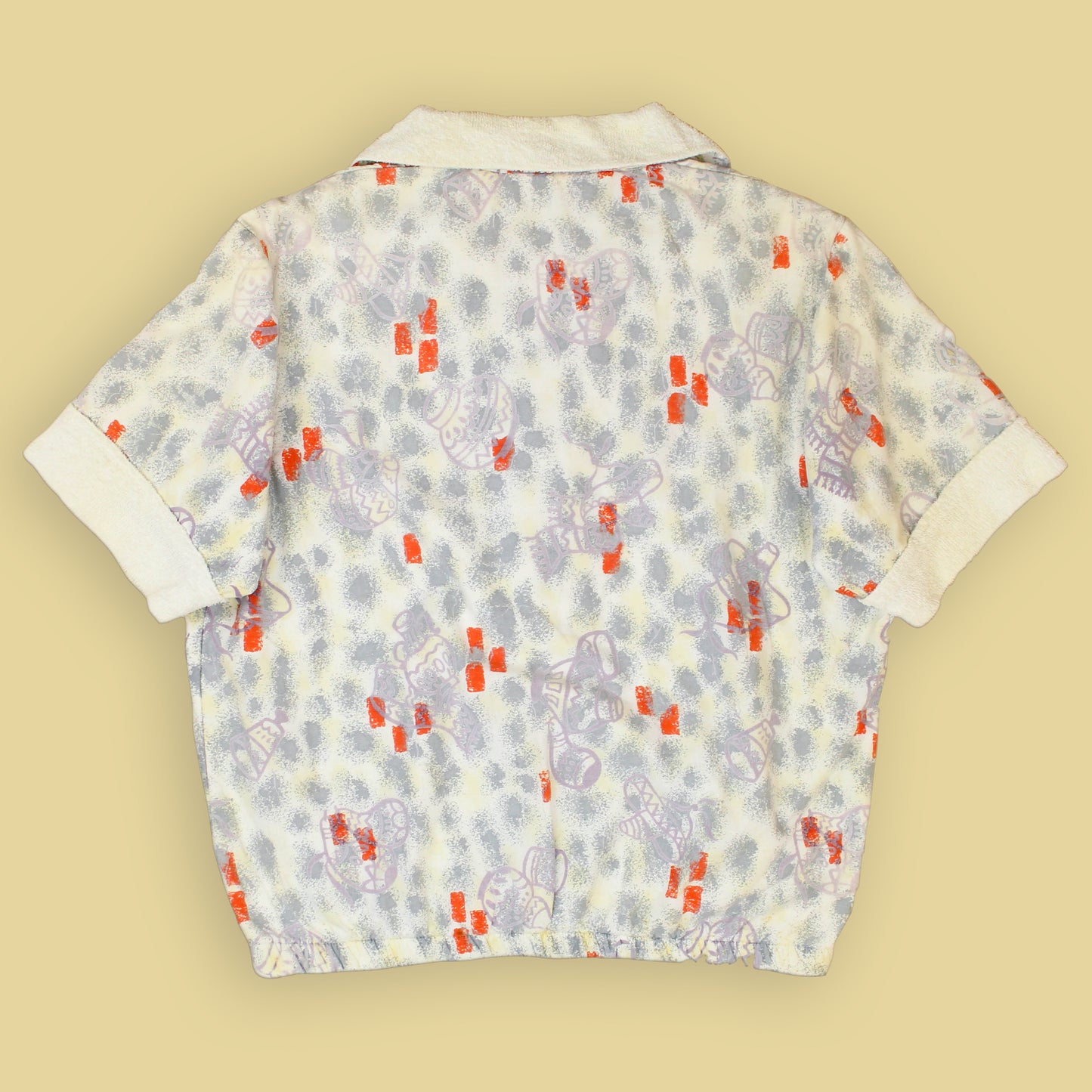 Vintage Sombrero & Pottery Mod Print Terry Cloth Lined Cabana Shirt