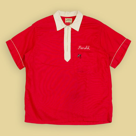 Hilton "Slick's Barber Shop" Chainstitch Embroidered Quarter Zip Bowling Shirt