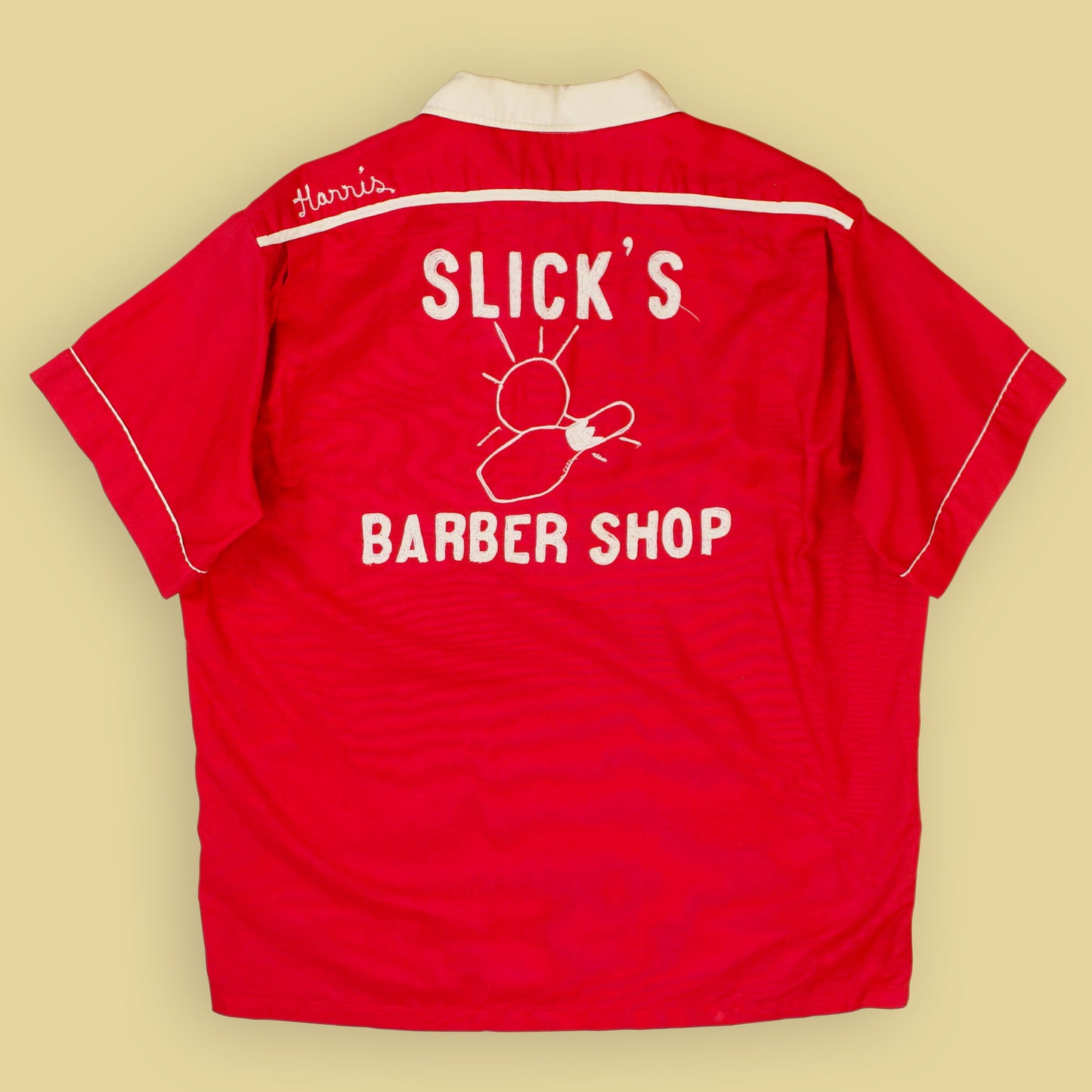 Hilton "Slick's Barber Shop" Chainstitch Embroidered Quarter Zip Bowling Shirt