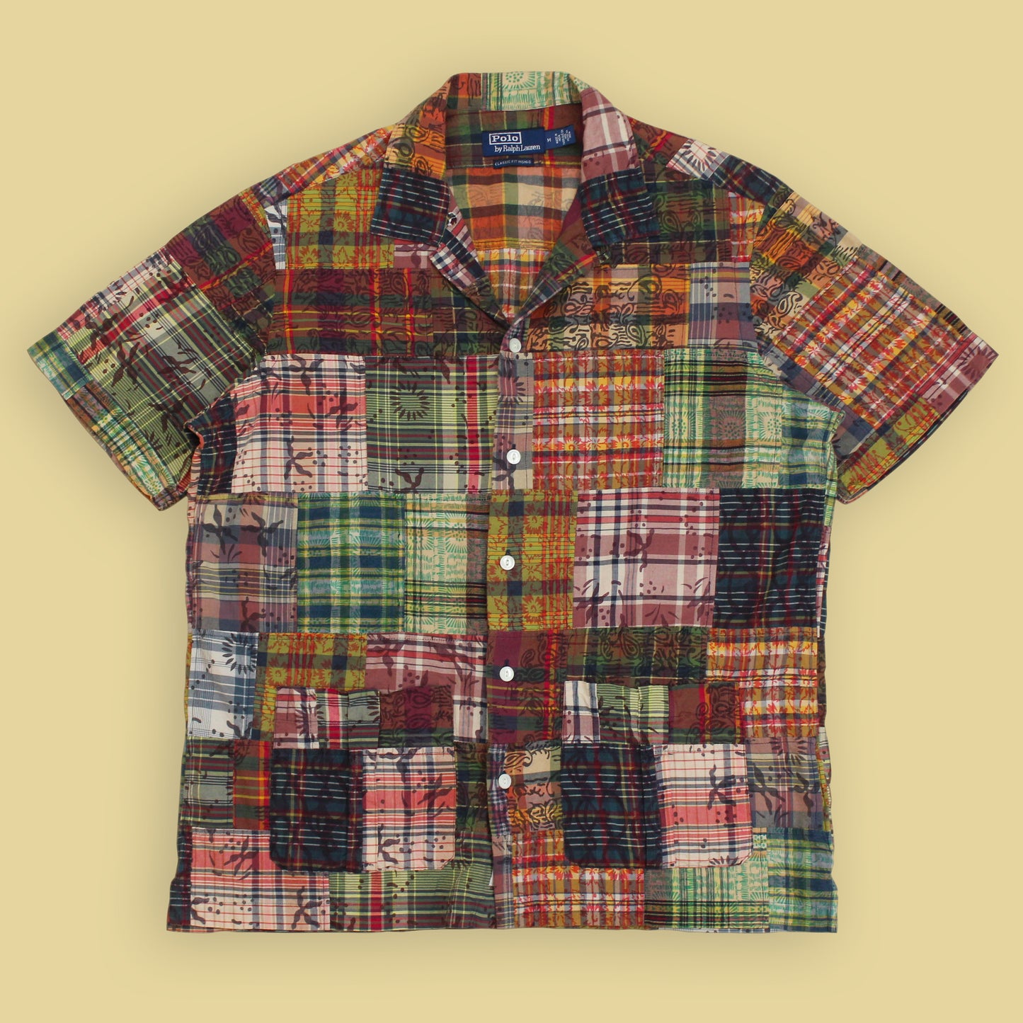 Polo Ralph Lauren Block Print Indigo Patchwork Madras Loop Collar Shirt